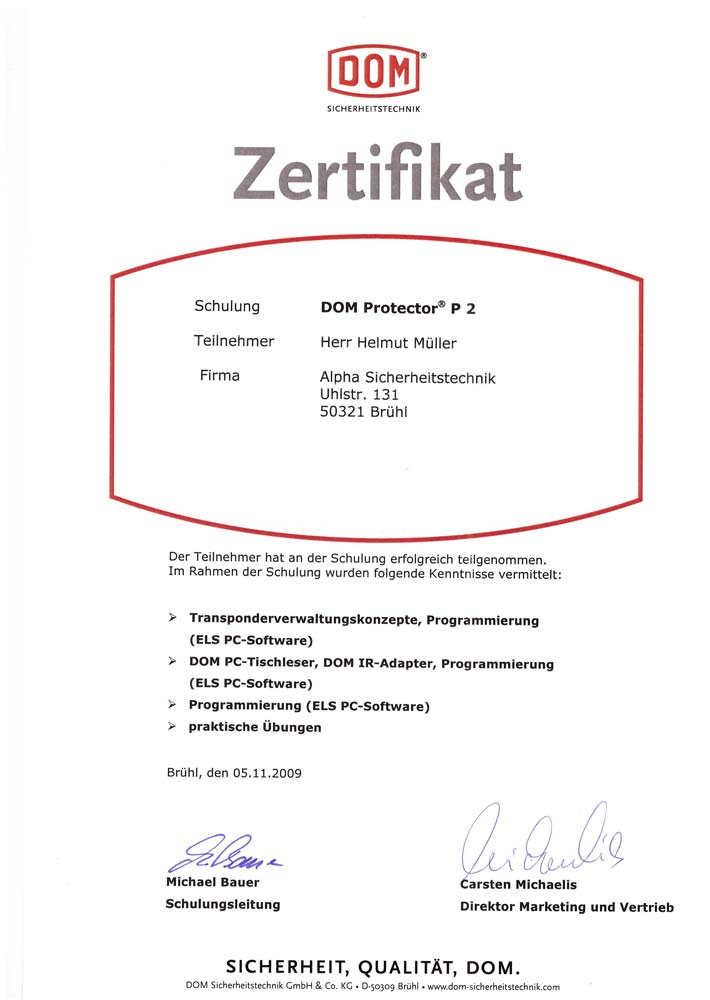 Zertifikat DOM ELS Mechatronic 2009 für Alpha Sicherheitstechnik in Brühl