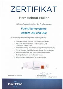 Zertifikat Daitem Funkalarmsysteme 2015
