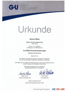 Zertifikat GU BKS Fluchttürsteuerungen 2012 für Alpha Sicherheitstechnik in Brühl