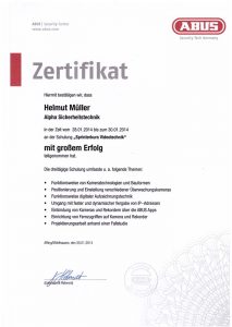 Zertifikat Videoschulung Abus 2014 für Alpha Sicherheitstechnik in Brühl